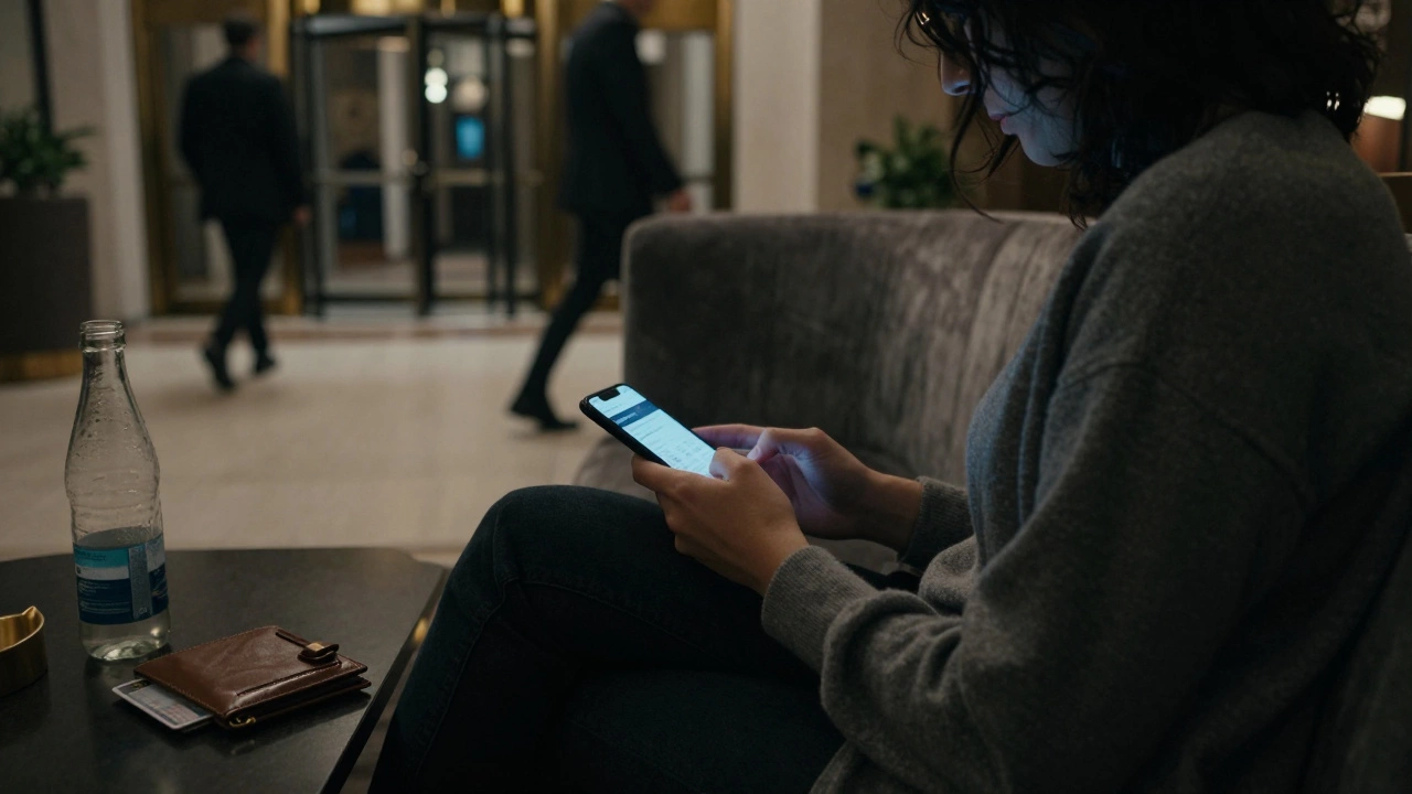 Someone sits in a dim hotel lobby, typing on a secure app, ID and wallet beside them, indifferent figures passing in the background.